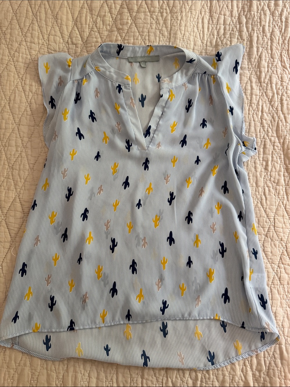 Sweet Rain Light Blue Cactus Print Flutter Sleeve Blouse